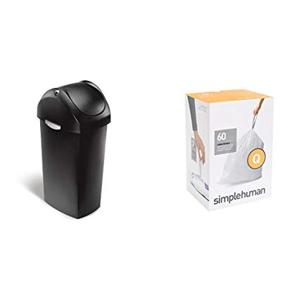 simplehuman 60 litre swing lid can black plastic + code Q 60 pack liners