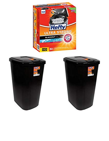 BLOSSOMZ Hefty Touch Lid 13.3 Gallon Trash Can 2 Pack Black With Free 13 Gallon, 80 Ct Blackout Tall Kitchen Drawstring Bags