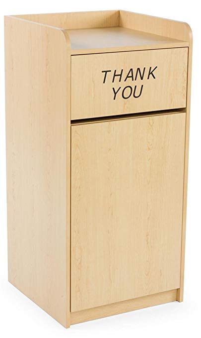 Displays2go 36 Gallon Restaurant Trash Can with Hinged Door, Tray Holder with Thank You Message (LCKDPZTRMP)