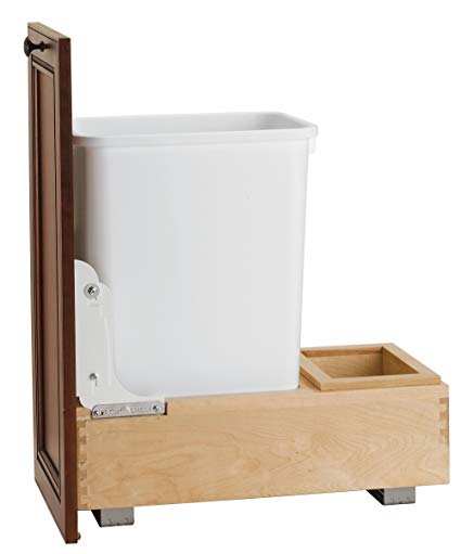 Rev-A-Shelf 4WC-15DM1 Single Pull-Out Bottom Mount Wood and White Waste Container, 35 quart, Natural