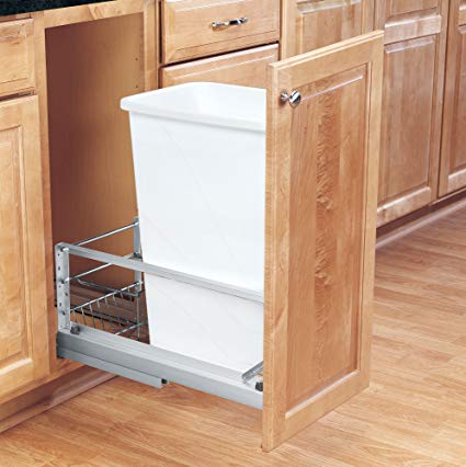Rev-A-Shelf - 5349-1550DM-1 - Single 50 Qt. Pull-Out Brushed Aluminum and White Waste Container