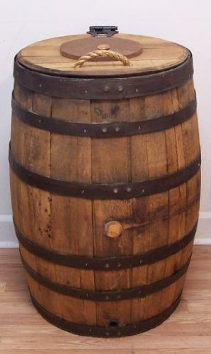 Old Whiskey Barrel Trash Can With Double Hinged Lid
