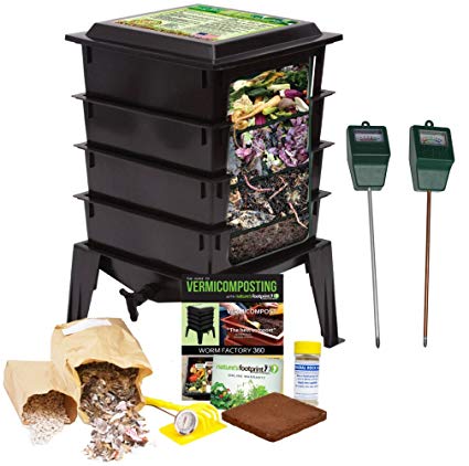 Worm Factory 360 Composting Bin + Moisture and pH Testing Meter Worm Farm Kit (Black)