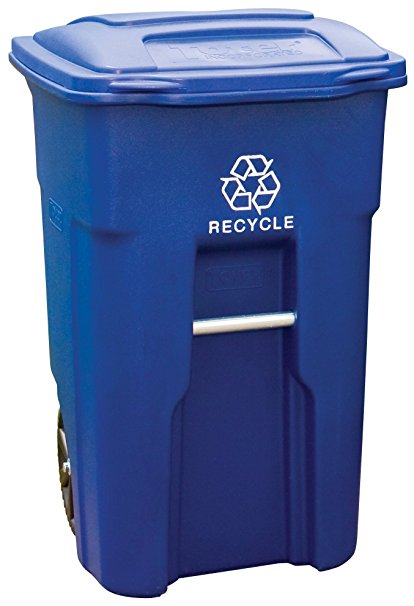 Toter 025532-R1BLU Residential Heavy Duty 2-Wheeled Recycling Can with Attached Lid, 32-Gallon, Blue