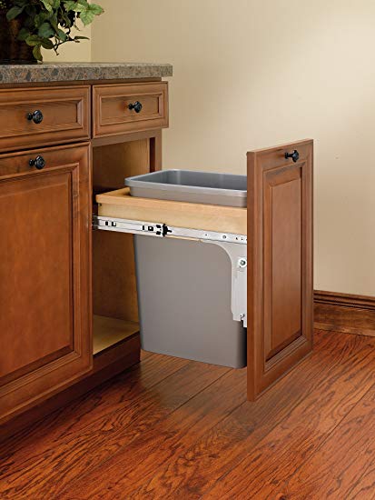 Rev-A-Shelf - 4WCTM-1516DM-1 - Single 35 Qt. Pull-Out Top Mount Wood and Silver Waste Container for 12 in. W x 18 in. D 1-1/2 in. Face Frame Cabinet