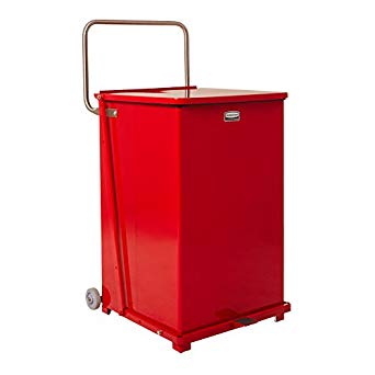 Rubbermaid Commercial FGST40EWPLRD The Defenders Steel Step Trash Can with Plastic Liner and Wheels, 40-Gallon, Red