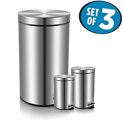 Garbage Can Set of 3,Fortune Candy Round Stainless Steel Trash Can with Soft Close Lid,Removable Inner Wastebasket for Kitchen Bathroom Bedroom Office,Fingerprint Resistance,0.8 & 1.3 & 8 Gallon