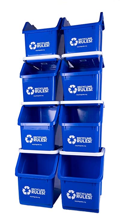 Blue Stackable Recycling Bin Container with Handle 6 Gallon - 8 Pack of Bins