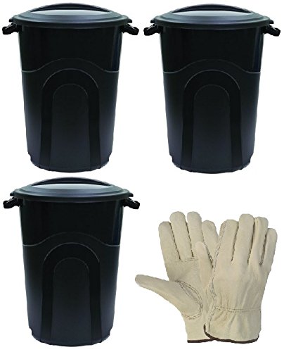 United Solutions 32 Gallon Injection MoldedTrash Can - Black (3 PACKS) with Gloves