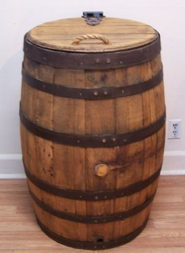 Old Whiskey Barrel Trash Can With Single Hinged Lid