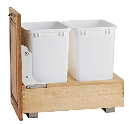 Rev-A-Shelf 4WC-18DM2 Double Pull-Out Bottom Mount Wood and White Waste Container, 35 quart, Natural