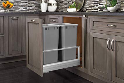 Rev-A-Shelf 5149-2150DM-217 Double Pull-Out Brushed Aluminum and Silver Waste Container with Rev-A-Motion, 50 quart, Silver
