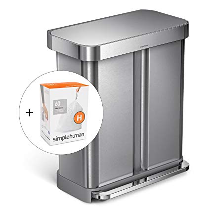 simplehuman 58L Dual Compartment Recycler with Liner Pocket, Brushed Stainless Steel, with 60 pack custom fit liner code H