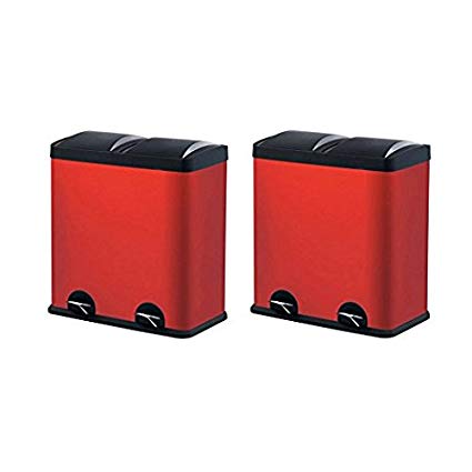 The Step N' Sort 16 Gal. 2-Compartment Red Trash and Recycling Bin - 2 Pack