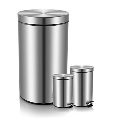 Fortune Candy Set of 3 Round Step Trash Can Stainless Steel Garbage Can,trash can with lid for Bathroom Room,Home and Kitchen, 0.8+1.3+8 Gallon (0.8+1.3+8 Gallon)