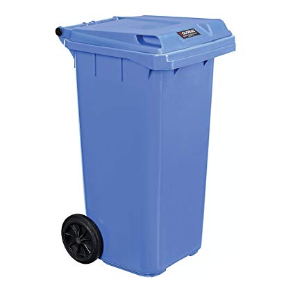 Mobile Trash Container with Lid, 32 Gallon, Blue