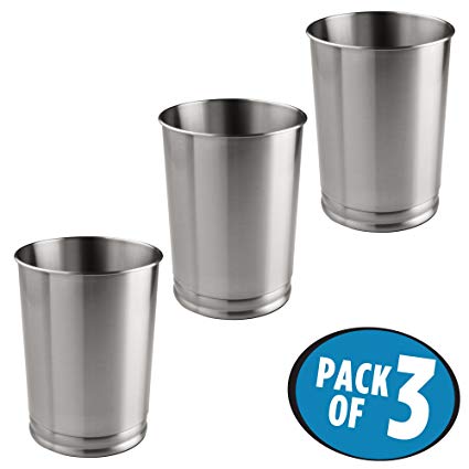 mDesign Round Metal Tall Trash Can Wastebasket, Garbage Container Bin for Bathrooms, Powder Rooms, Kitchens, Home Offices – Pack of 3 - Durable Steel Construction with a Brushed Finish