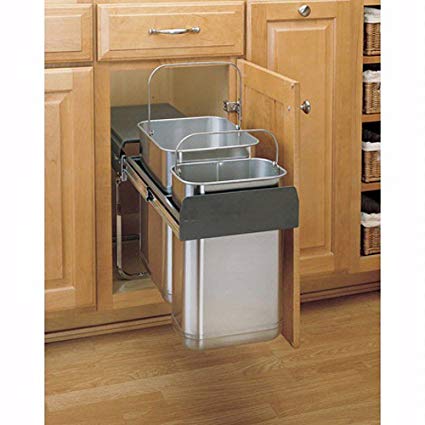 Top Mount Trash pull-Out with Standard Close Double Stainless Steel Bins in Limited Space Application