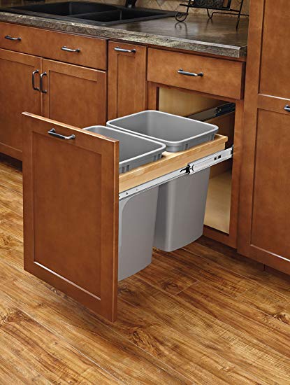 Rev-A-Shelf 4WCTM-18BBSCDM2 Double Pull-Out Top Mount Wood and Silver Waste Container with Ball-Bearing Soft-Close Slides, 35 quart, Natural